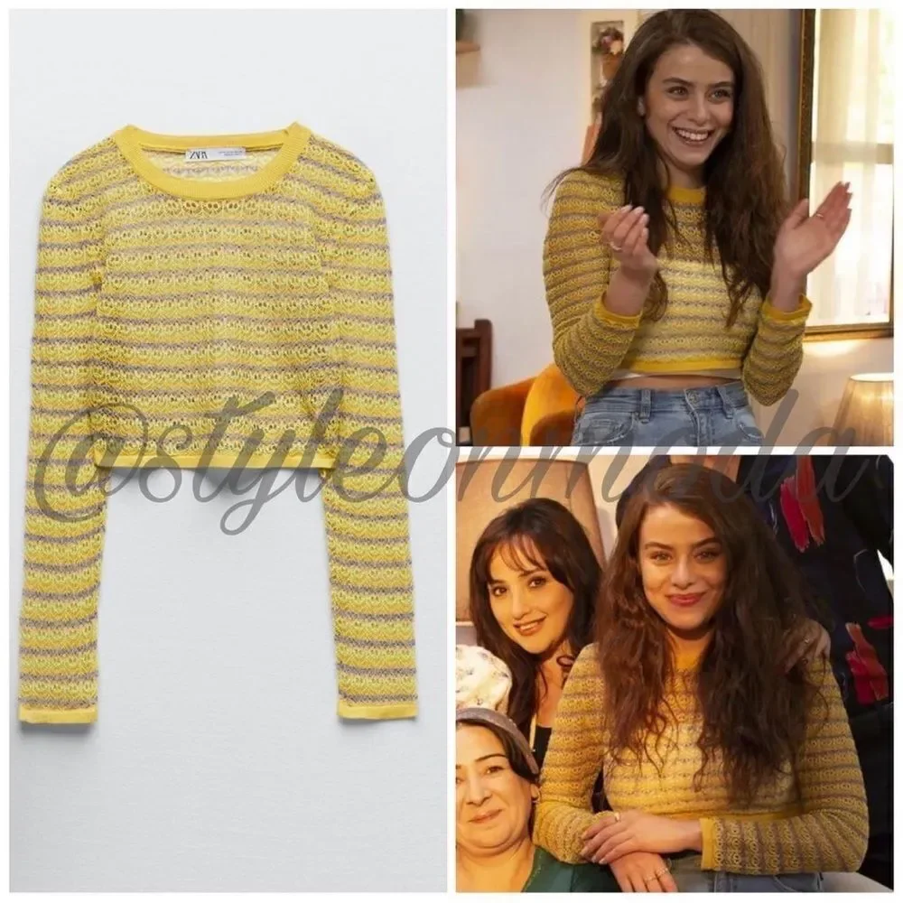 BNWT Zara Yellow Pointelle Knit Crop Sweater Medium Boho Festival Top - Picture 5 of 16